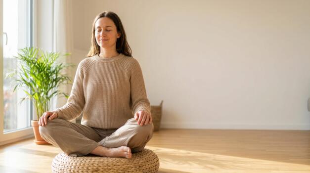 Woman meditating in a bright room with plants